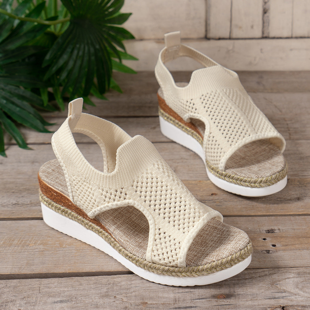 New Hollow Wedges Sandals Summer Fly Woven Breathable Mesh Shoes For Women Peep-Toe Sandals