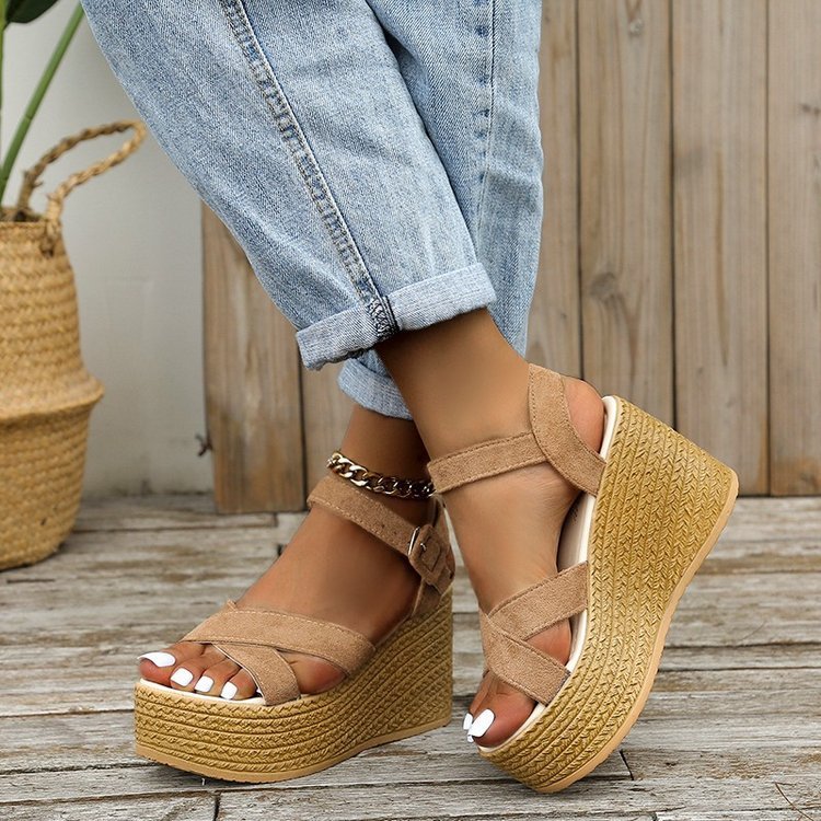 Wedge Sandals For Women Summer Casual Non-slip Cross-strap Platform Shoes With Hemp Heels Shoes