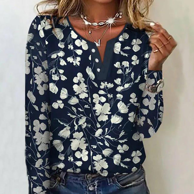 Loose Long Sleeve Floral Round Neck Button T-shirt For Women