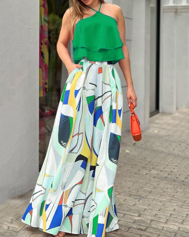 Sleeveless Double Halter Top Printed Straight Leg Trousers