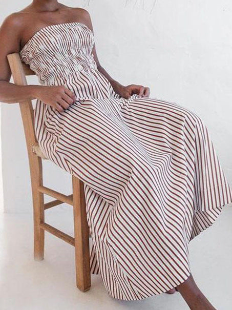 Striped Strapless Dress Pleated High Waist