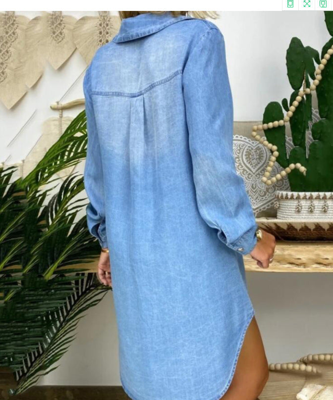 Women's Solid Color Single-breasted Long Sleeve Denim Dress