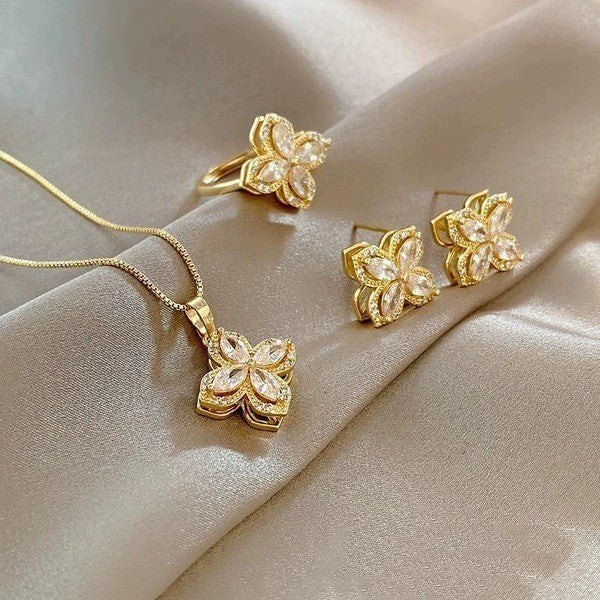 Rotatable Titanium Steel Four-petal Flower Necklace Female Inlaid Zircon Ring Earrings