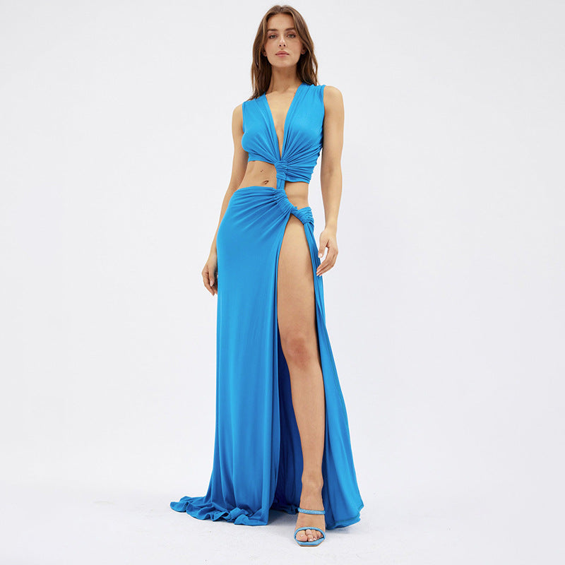 Women's Fashion Solid Color Deep V-neck Hollow-out Slim Length Dress