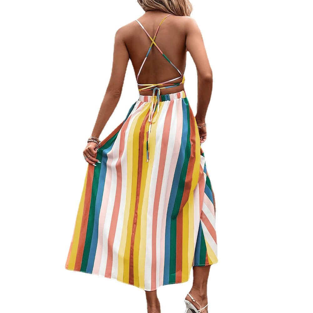 V-neck Rainbow Bar Slit Tied Spaghetti-strap Dress Summer