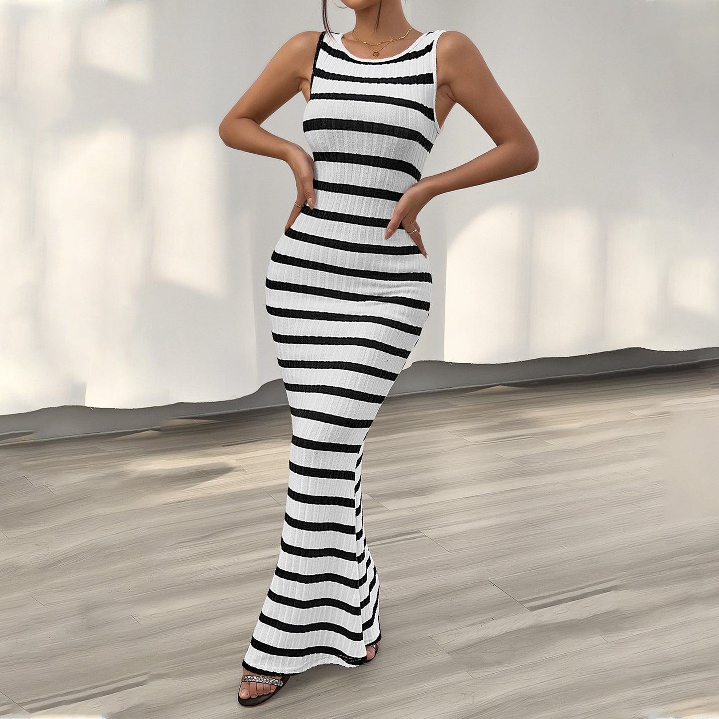 Women's Fashion Temperament Leisure Slim Striped Sleeveless Dress