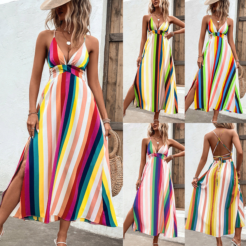 V-neck Rainbow Bar Slit Tied Spaghetti-strap Dress Summer