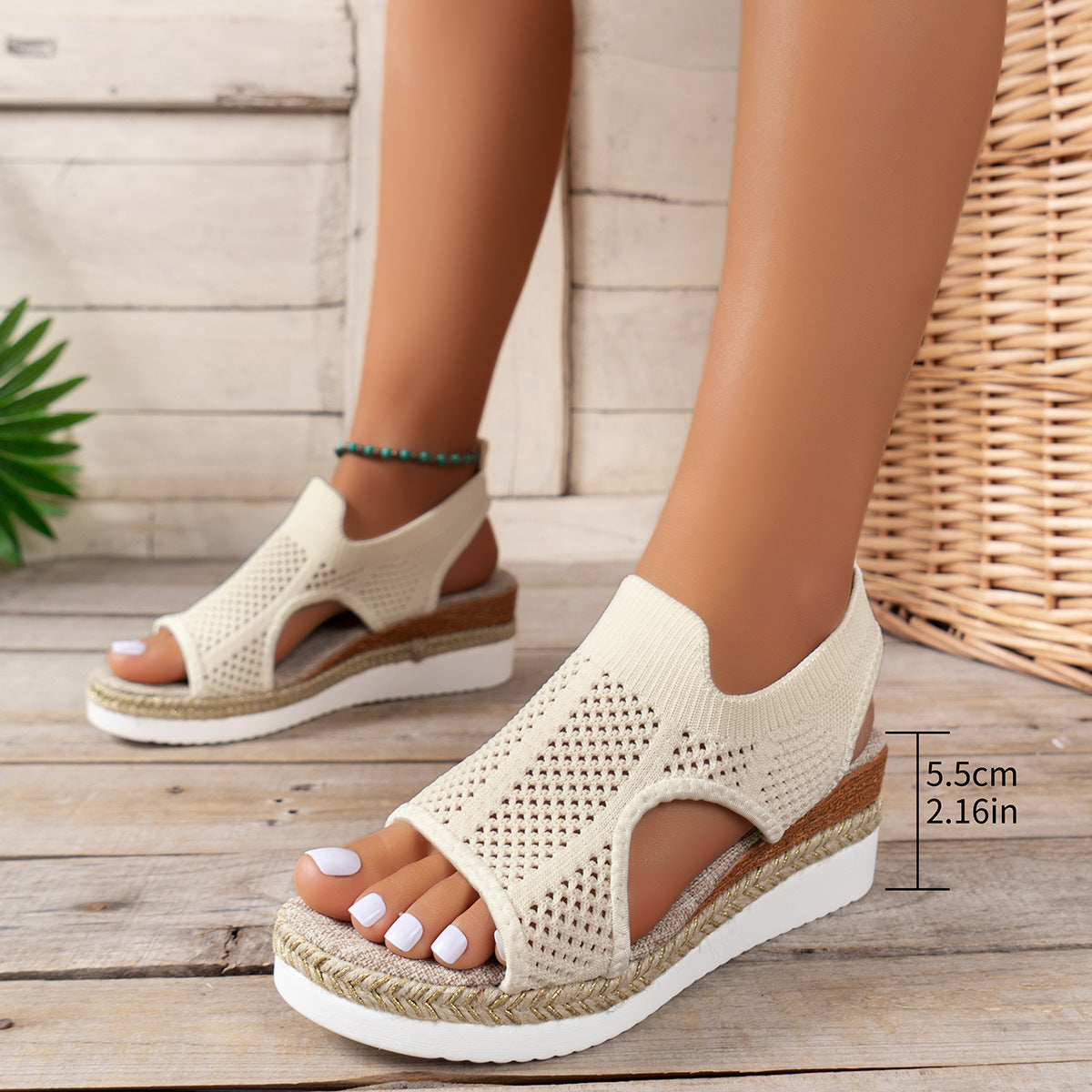 New Hollow Wedges Sandals Summer Fly Woven Breathable Mesh Shoes For Women Peep-Toe Sandals