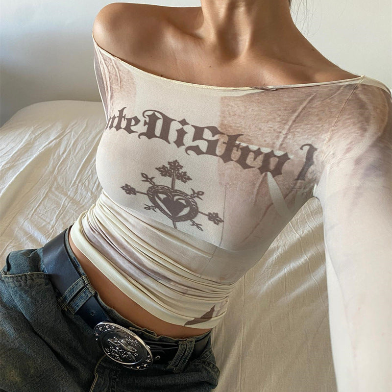 Women's Fashion Letter Vintage Print Slim T-shirt Top